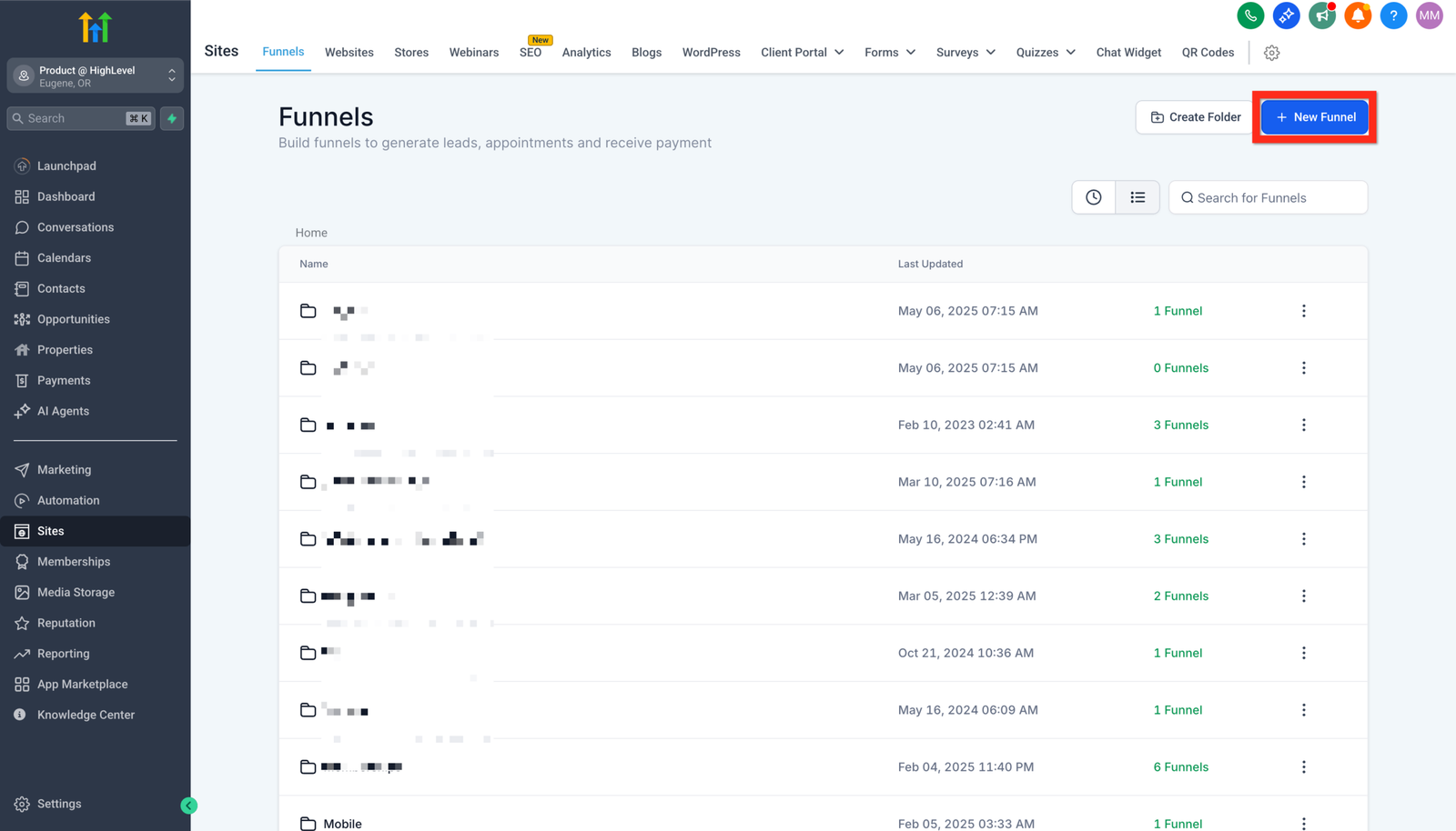 Official HighLevel product screenshot: Landing page funnels