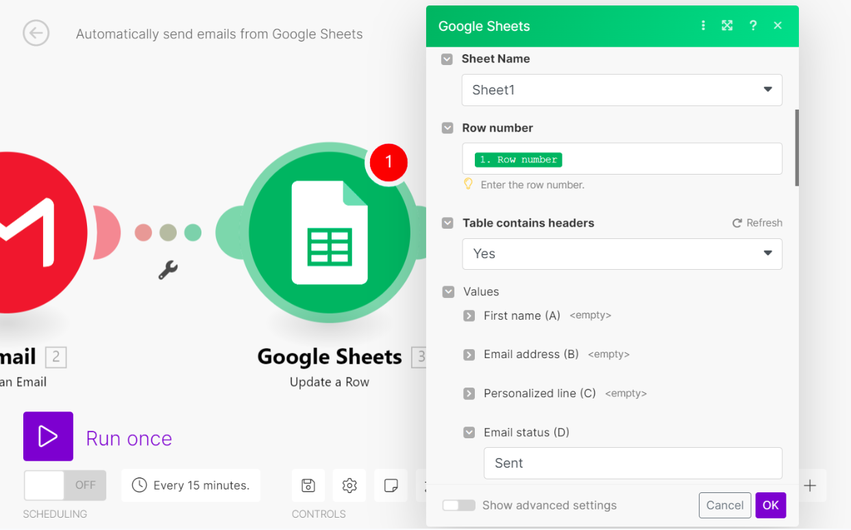 Actual Make scenario editor showing a Google Sheets module configuration, sourced from Make's official tutorial
