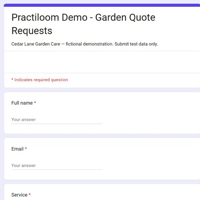 Authentic Google Form with garden quote request title and required Full name and Email fields