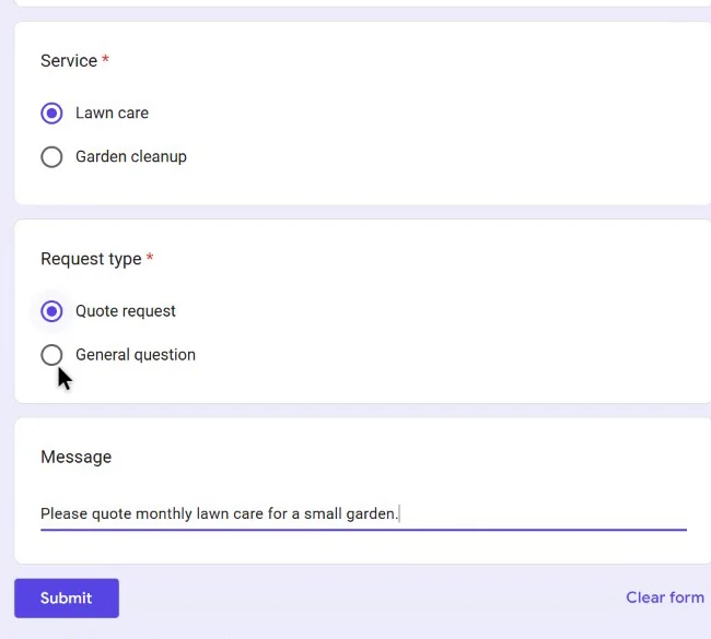 Google Form showing Lawn care, Quote request, and a fictional garden message