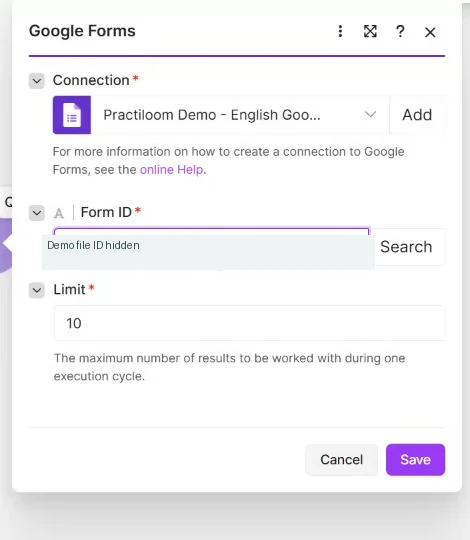 Google Forms Watch Responses settings with redacted Form ID and Limit 10