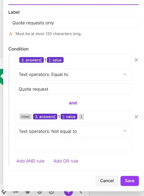 Make filter named Quote requests only with Quote request equality and trimmed email not equal to empty, joined by AND