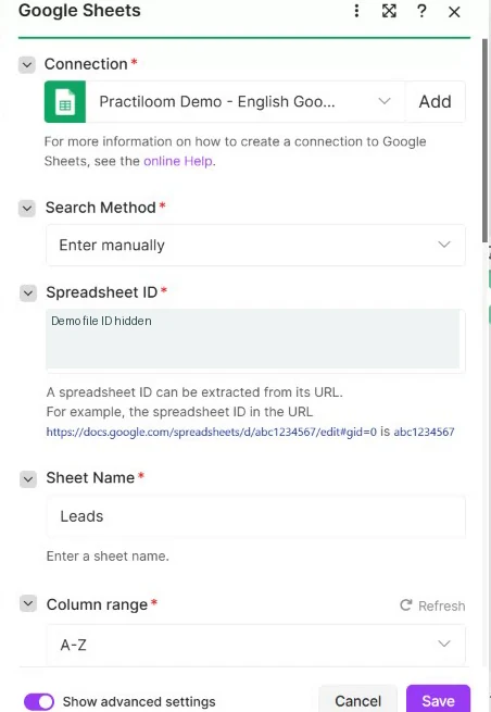 Add a Row settings showing Enter manually, redacted spreadsheet identifier, Leads tab, and A–Z range