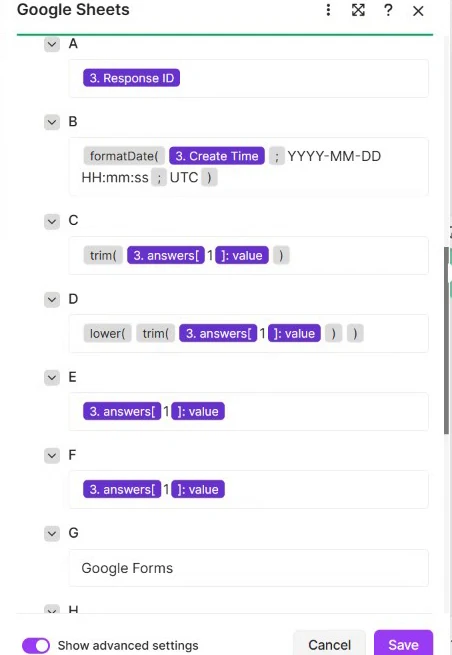 Real Add a Row mapping panel showing response ID, UTC date formatting, trimmed name, and normalized email