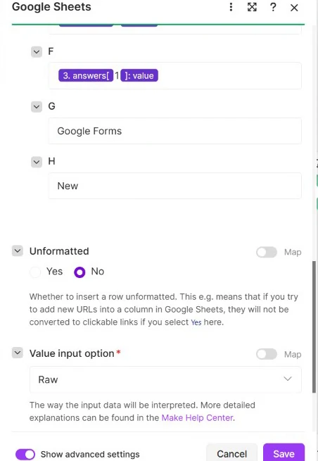 Add a Row advanced settings with Source Google Forms, Status New, Unformatted No, and Raw value input