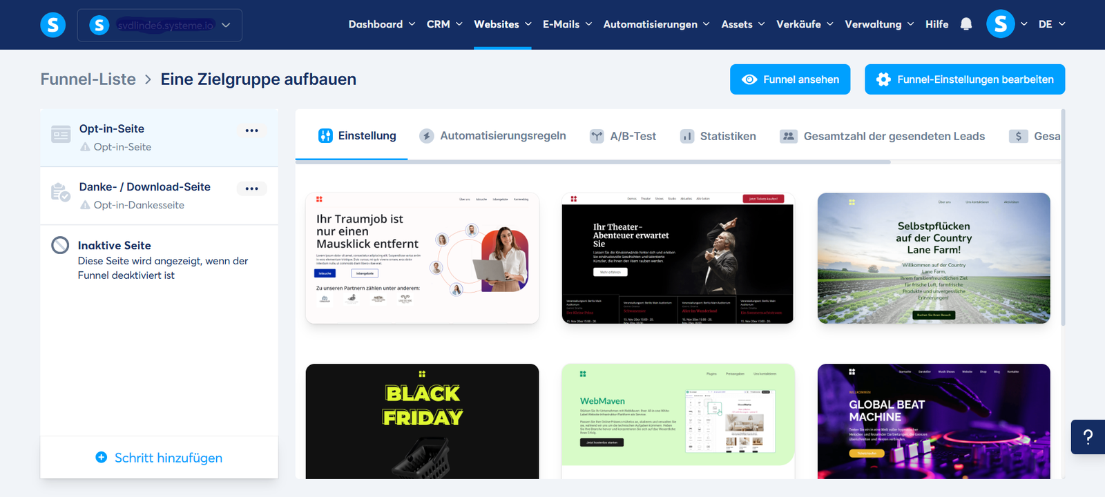 Actual systeme.io funnel builder interface showing funnel steps and landing-page templates, from official documentation